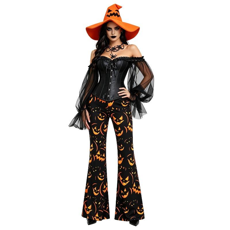 Halloween Pumpkin Witch Dark Witch Costume Set Off-Shoulder Mesh Sleeves Shapewear Pumpkin Trumpet Pants