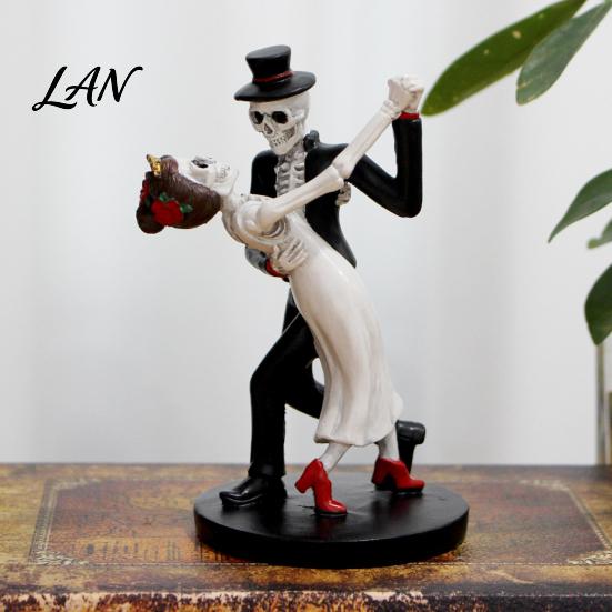 Decorative Resin Figurine for Party Day of The Dead Dancing Skeleton Couple Figurine, Halloween Gothic Wedding Lover Statue, Romantic Bride