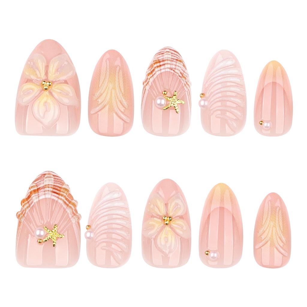 3D Summer Fresh Wear Nail Shell Starfish Nail Art Fake Nail Short Almond Nail Wearable Nail Piece Finished Product