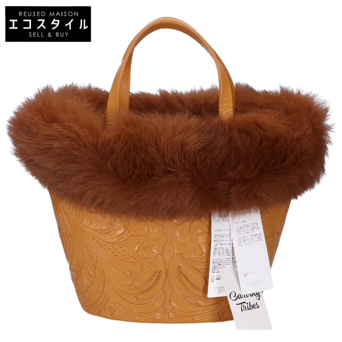 

CARVING TRIBES [47482505] Marisol Carved Leather with Fox Fur Tote Bag mustardUsed