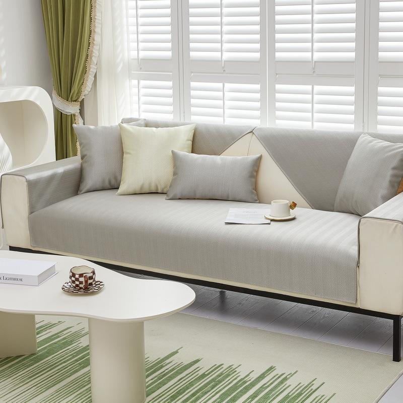 Solid Color Herringbone Pattern Ice Silk Sofa Cushion, Cool And Non-Slip Seat Cushion In Summer, Modern Simple Green Sofa Cover