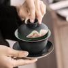 Yuanshan Sancai Cover Bowl, Hand Painted Glaze Painted Coarse Pottery Chinese Large Tea Drinking Bowl, Black Pottery Kung Fu Tea Set Tea Brewing Ware