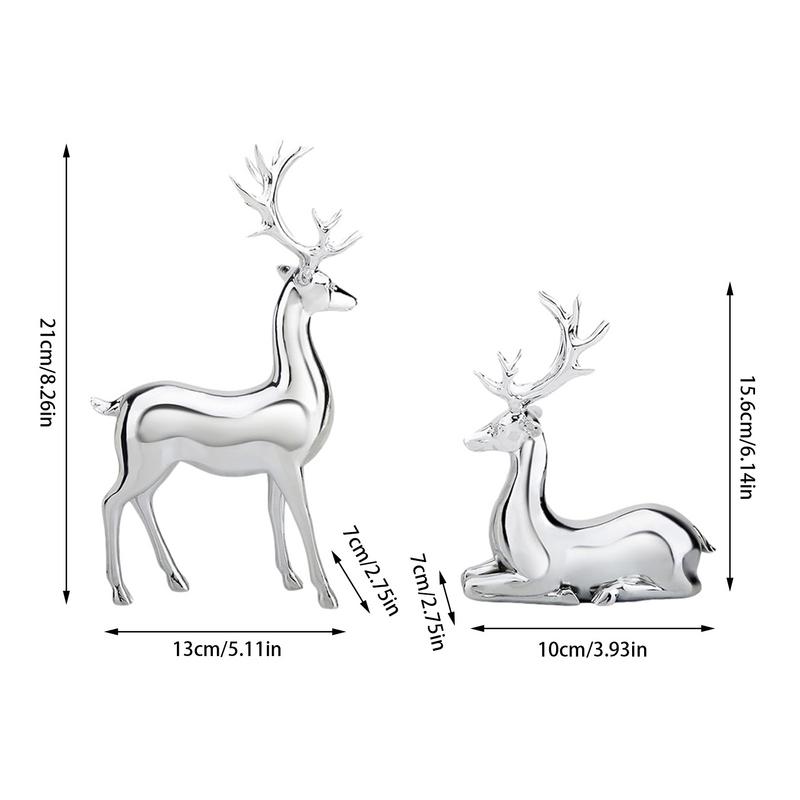Silver Deer 2PCS Electroplated Silver Deer Figurine Handicraft Piece Resin Sculpture Christmas Center Table Decorations
