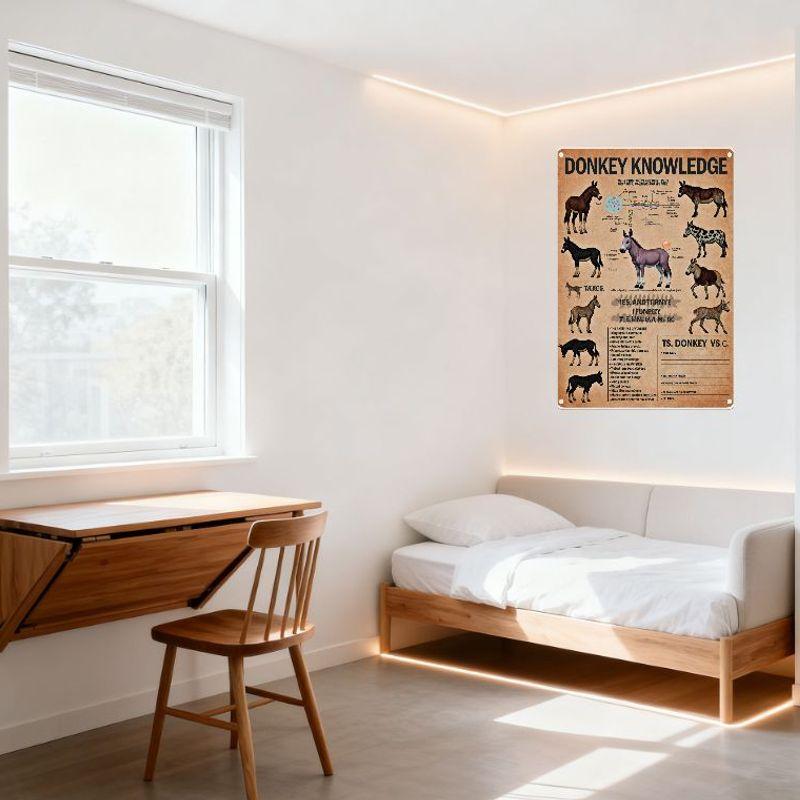 Vintage 'Donkey Knowledge' Educational Metal Tin Sign - Equine Species Comparison, Old Zoological Print Wall Decor for Home/Bar/