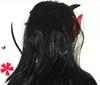 Horned Devil Mask with Long Black Hair and Hood - Red Face Scary Halloween Carnival Accessory