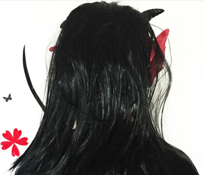 Horned Devil Mask with Long Black Hair and Hood - Red Face Scary Halloween Carnival Accessory