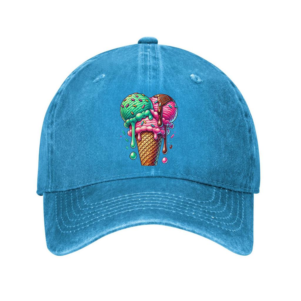 Ice Cream Cone Print Cotton Baseball Cap Adjustable Distressed Denim Casual Dad Hat for Unisex
