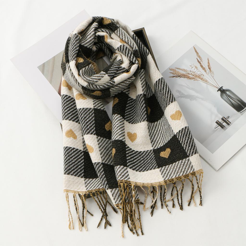 Woman Winter Cashmere Scarf Shawl Heart Plaid Wrap Fall Winter Thick Warm Tassel Neckerchief Female Pashmina For 180*30Cm