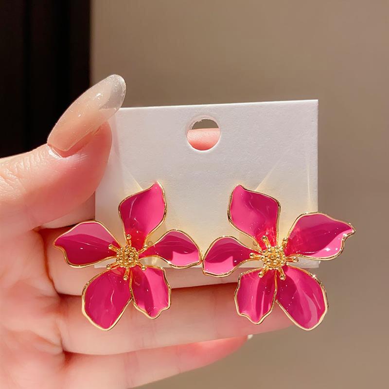 Dripping oil pink flower earrings women's fashion sweet stud earrings light luxury high sense new versatile earrings