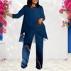 Women Plus Size Round Neck Long Sleeve Blue Printed Layered Top Long Pants Two Piece Set