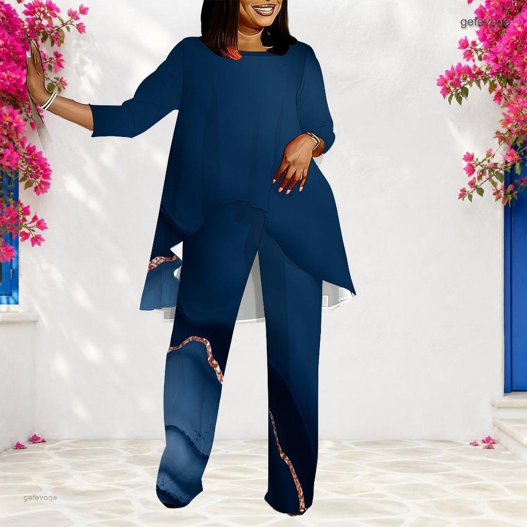 Women Plus Size Round Neck Long Sleeve Blue Printed Layered Top Long Pants Two Piece Set