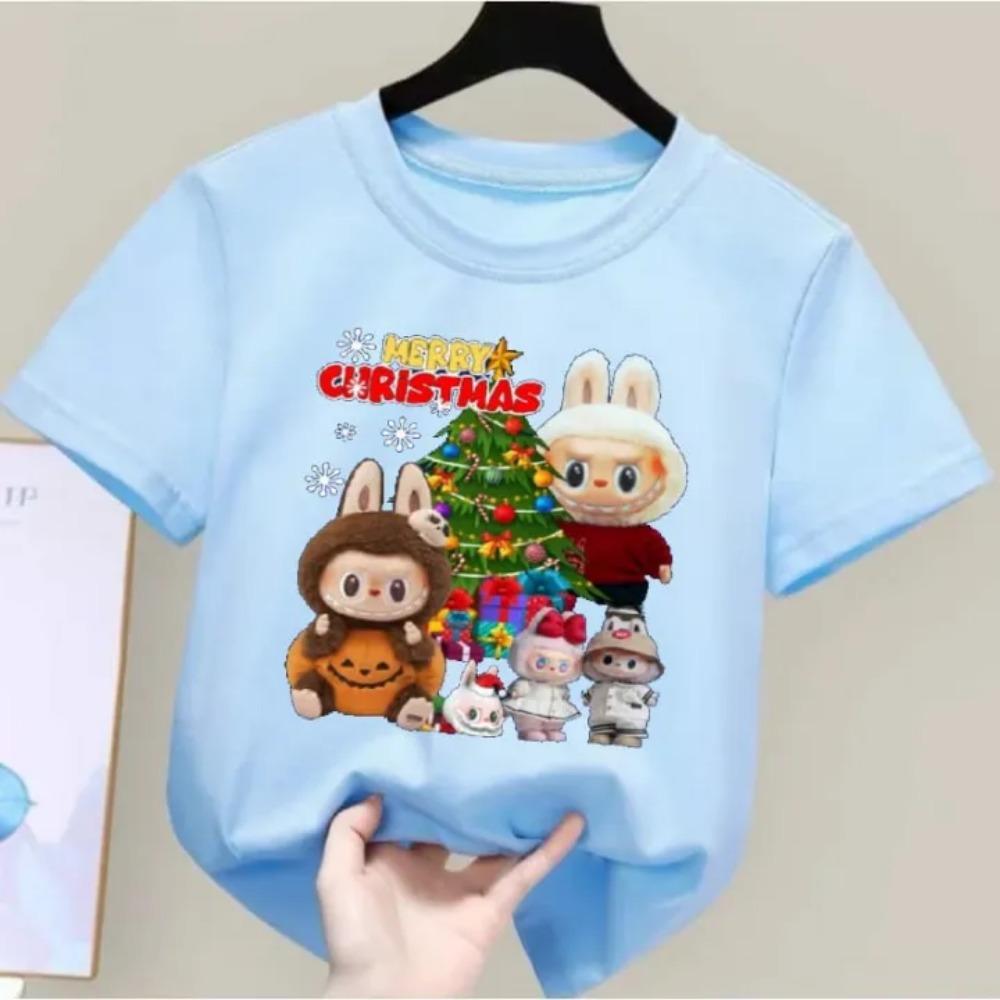 2025 New LABUBU Children's T-shirt Christmas LABUBU Style Round Neck Short Sleeved Casual Girls' Top