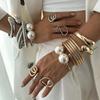 Ins Vintage Big Pearl Wide Cuff Bangles Men Hip Hop Punk Gold Silver Color Geometric Spring Bangles For Women Bracelet Jewelry