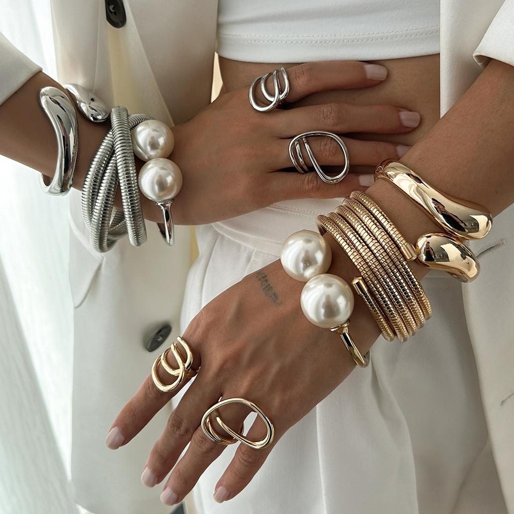 Ins Vintage Big Pearl Wide Cuff Bangles Men Hip Hop Punk Gold Silver Color Geometric Spring Bangles For Women Bracelet Jewelry