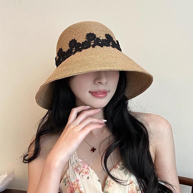 Straw Bucket Hat Women's Summer Lace New Seaside Vacation Beach Hat Big Brim Breathable Sunshade Sun Protection Hat