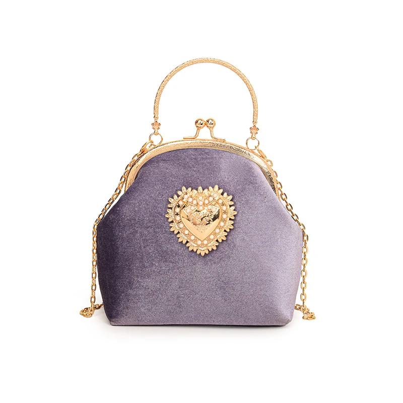 Fashion Chains Velvet Frame Heart Dinner Hand Bags Hot Sale Diamonds Shoulder Bag High Quality Sweet Crossbody Bags for Women
