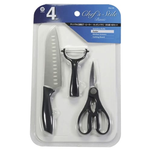 Pearl Metal Chef's Steele Basic 4-Piece Set (FN-170): Santoku Knife, Peeler, Kitchen Scissors, and Cutting Board