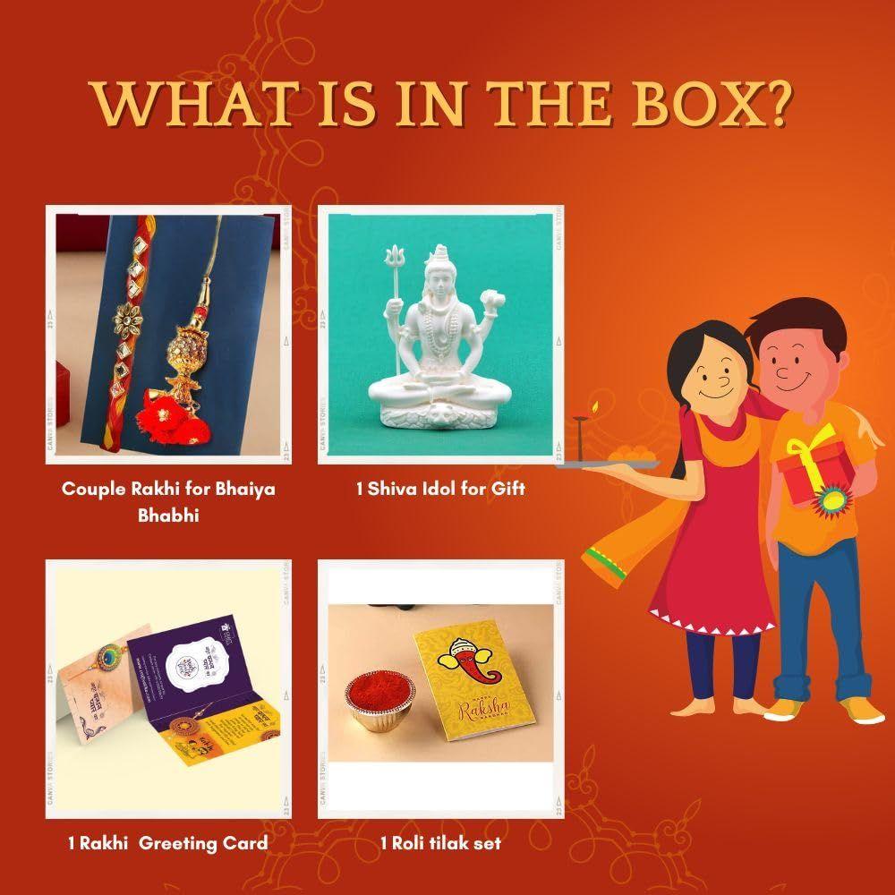 Rakhi for Brother with Shiv Shiva Idol Showpiece-Rakhi Gift for Brother Bhaiya Bhabhi-Combo of 5 ( 1 Shiva Idol, 2 Rakhi, Roli Tikka, Greeting Card)