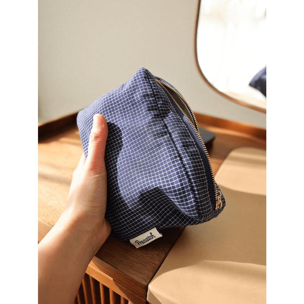 Japanese Style Plaid & Striped Fabric Multi-Functional Zipper Makeup Bag, Portable Travel Pouch School Supplies Travel Essentials Make Up Bag