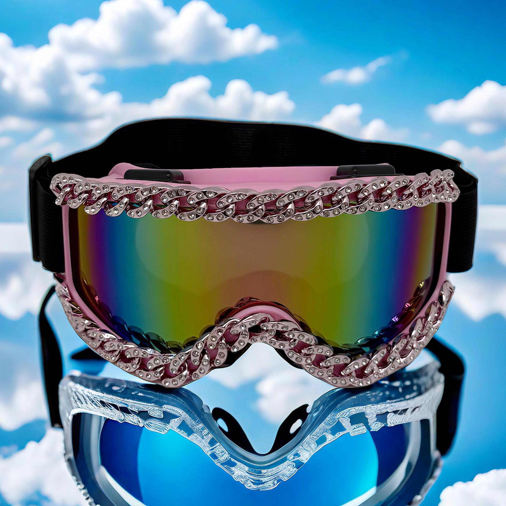 

Women Ski Goggles with Luxury Rhinestone Chain Dec Anti Sand Dustproof Riding Glasses Large Frame Sponge Silicone Ski Goggle розовый
