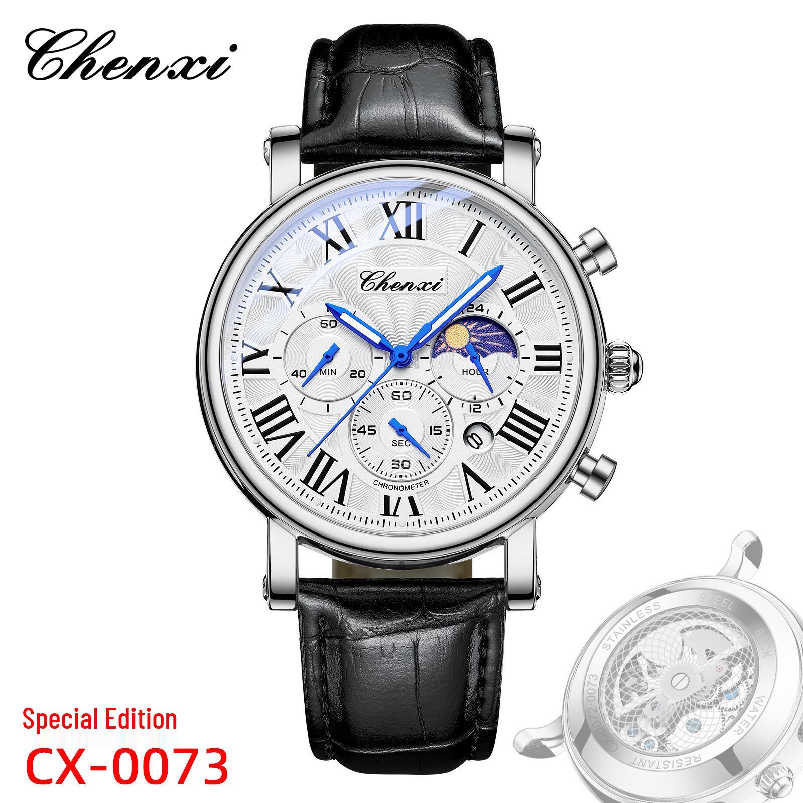 

Многофункциональные светящиеся мужские часы CHENXI с прозрачной задней крышкой, календарем и секундной стрелкой - водонепроницаемый деловой дизайн.