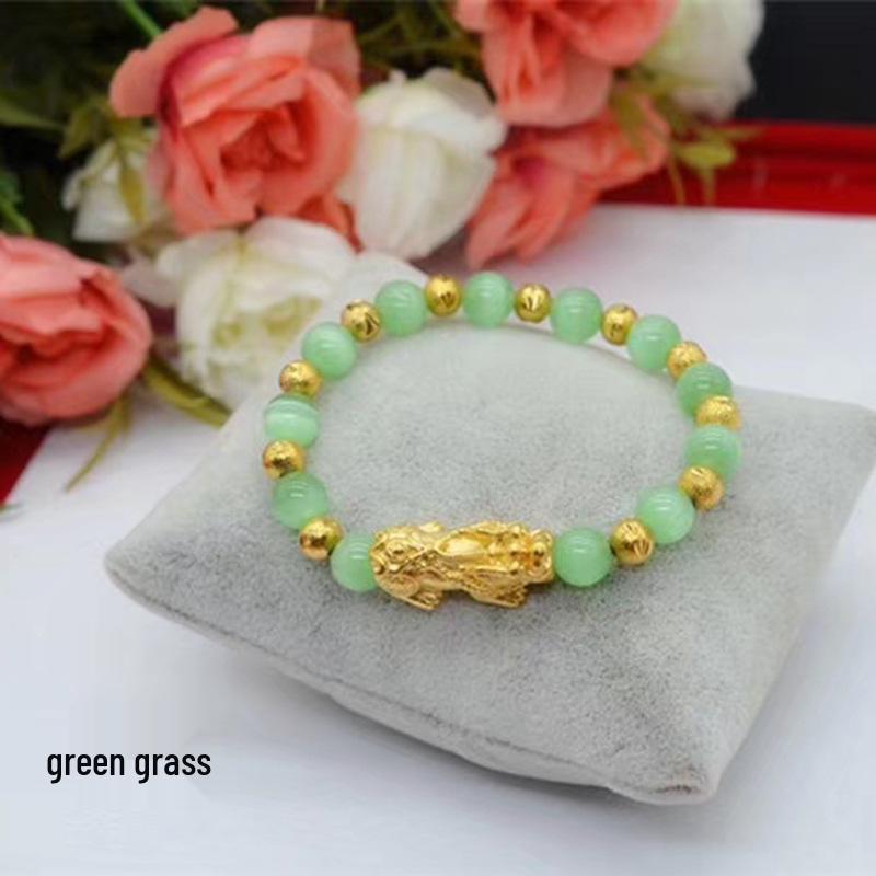 Gold-Plated Pixiu Bracelet with Red & Green Chalcedony - Unisex Fashion Jewelry