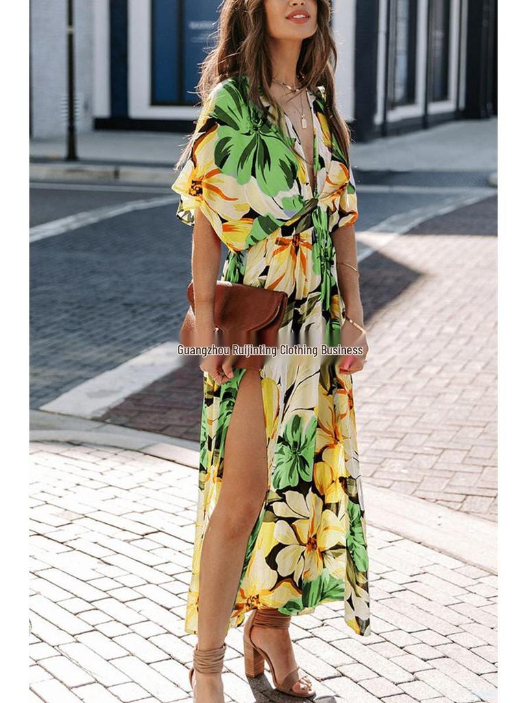 2026 Summer Floral V-Neck Dress: European & American Style, Slimming Fit for Women