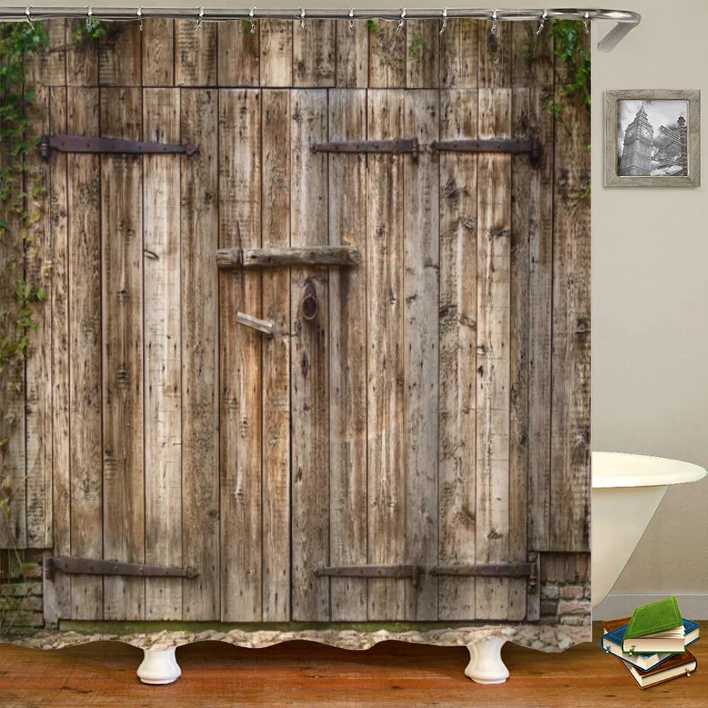 Bauernhaus Dekorativer Duschvorhang aus Holztür Retro Rustikale Scheunenholztür Europa Western Country Home Decor Badvorhanghaken