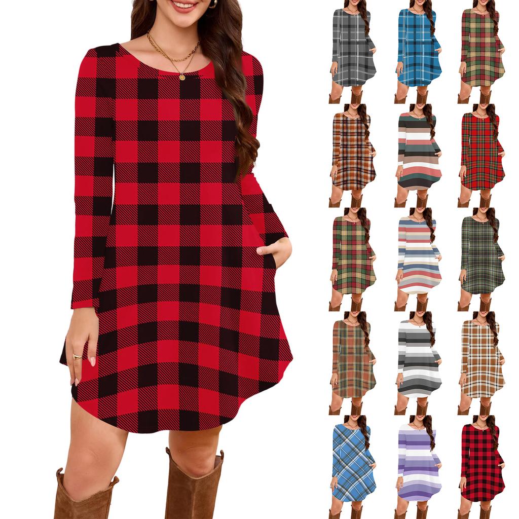 Women's Long-sleeved T-shirt Dress With Round Neck, Knee-length, Loose Fit, Casual And Pockets