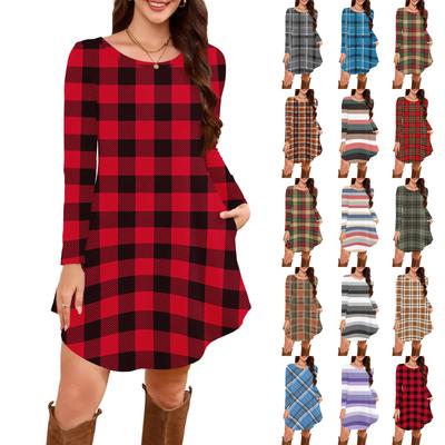 Vestido T-shirt de Manga Comprida Feminino com Gola Redonda, Comprimento até ao Joelho, Corte Solto, Casual e com Bolsos