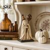 Textured Resin Halloween Statue Vintage Ghost Figurine with Glowing Pumpkin Scepter, Ornament Striped Hat LED Light, Lighted Decoration for