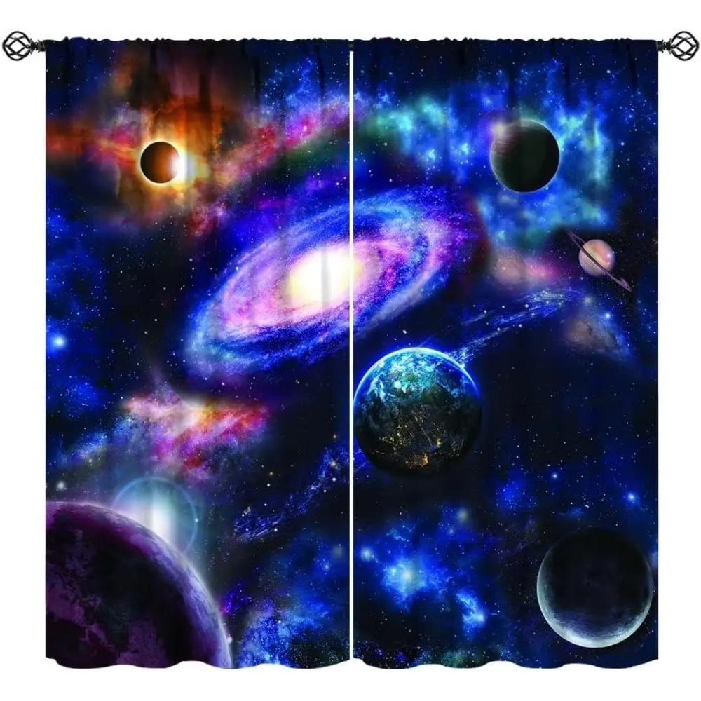 Conjunto de cortinas de porta com tema espacial 2 peças com design de galáxias, cortinas de painel de poliéster para vários tratamentos de janela de sala