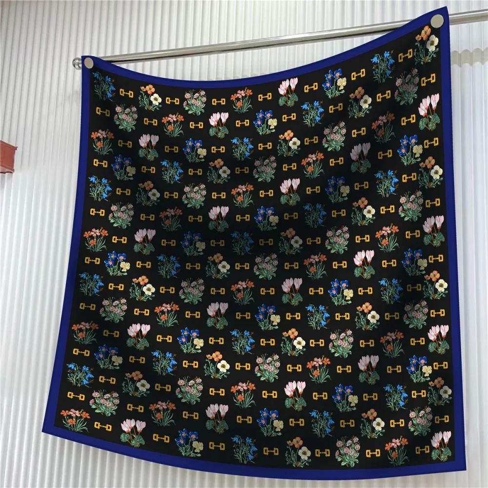 Silk Scarf Women Floral Printed Square Scarves Head Echarpes Silk Foulards Femme Wraps Beach Shawls Bandana Lady Hijabs 90CM