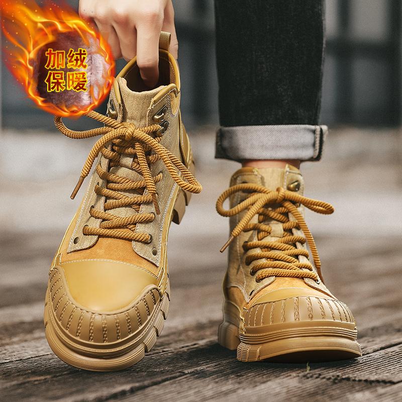 Fashion Outdoor Leather Mens Slip On Boots Platform Shoes Luxury Brand Men Winter Plush Snow Boots Fashion All-match Men Motocross Boots