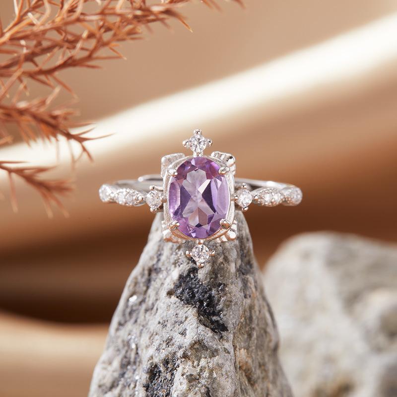 Natural Amethyst Citrine Colored Treasure Ring Women'S S925 Sterling Silver Index Finger Ring Xiaohongshu Earrings