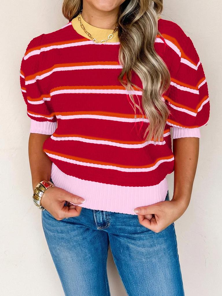 Women's Casual Striped Patchwork Short Sleeve Round Neck Sweater