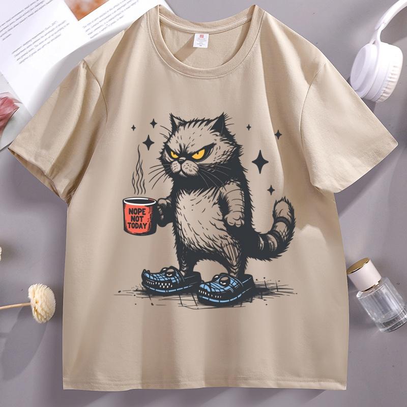 

No, Not Today. A Short-sleeved Crew Neck T-shirt for Women Featuring An Angry Cat and Coffee Design Exclusively for Cat Lovers 4XL
