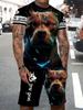 Summer Men's Fashion Casual Sports Set Loose-Fit Trendy Doll Graffiti Print Crew Neck Short Sleeve Two-Piece Set with Shorts