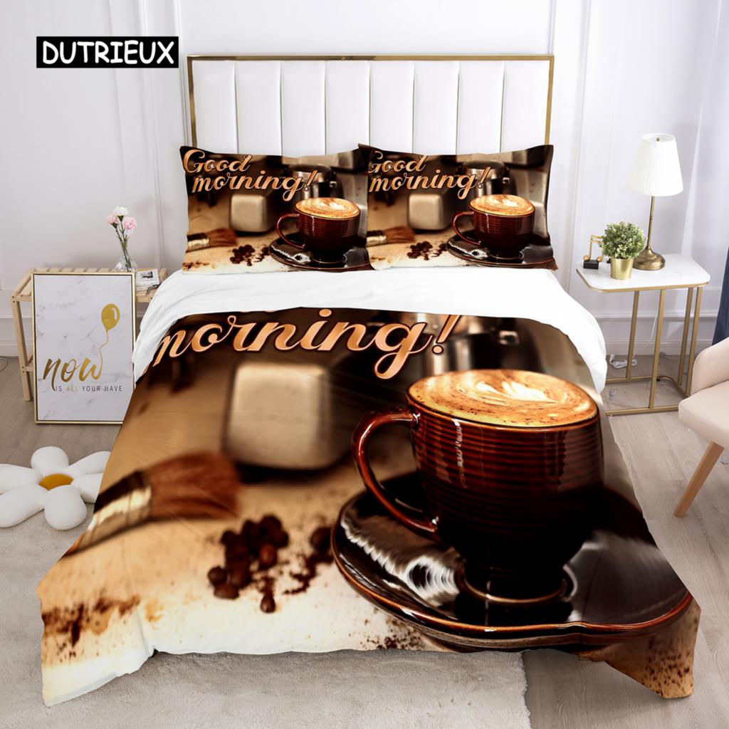 Good Morning Duvet Cover Set Microfiber Coffee Rose Cozy Breakfast Twin Bedding Set Double Queen King Size 2/3pcs Quilt Cover