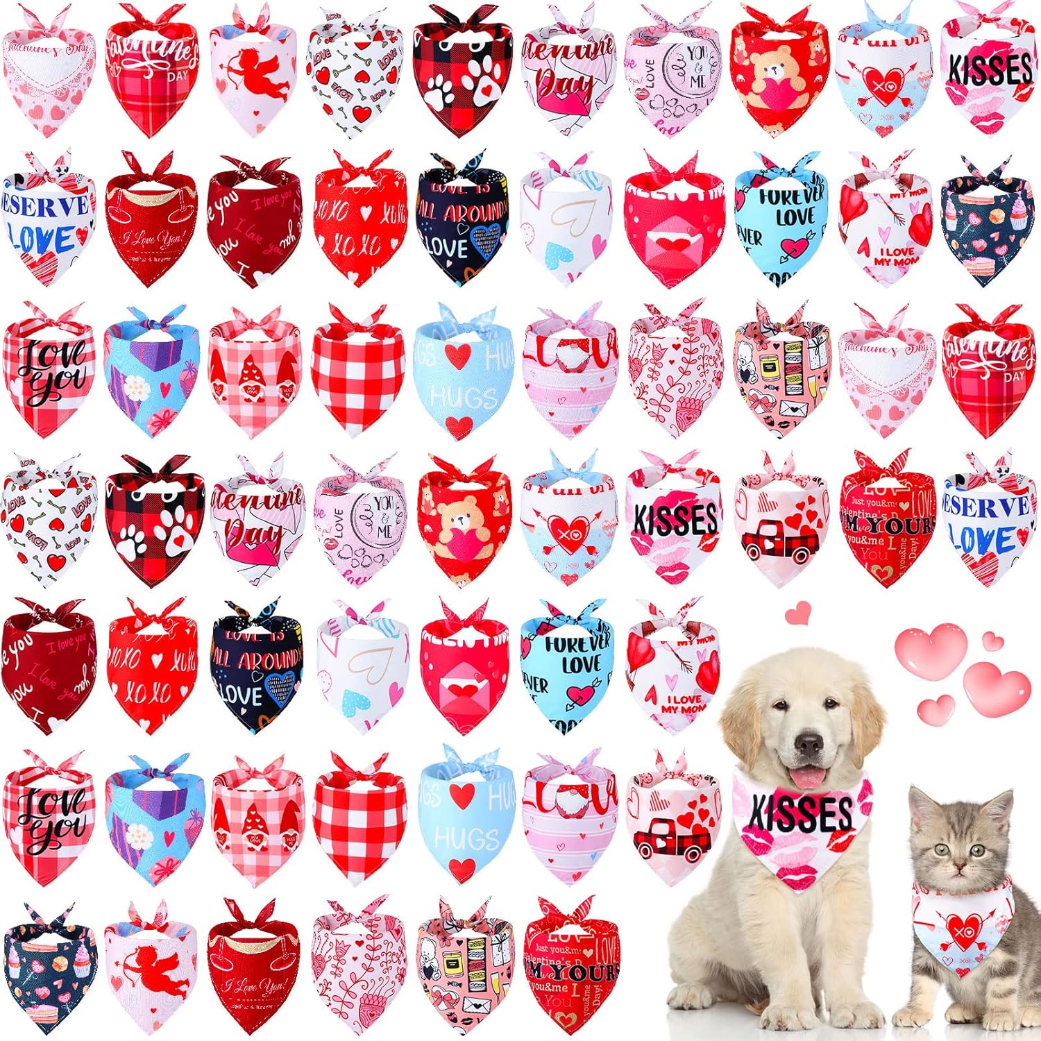 60 Pcs Valentine s Day Dog Bandanas Bulk Heart Pet Bandanas Adjustable Dog Bibs Triangle Scarf Holiday Costume for Small Medium Pet (Heart Pattern)