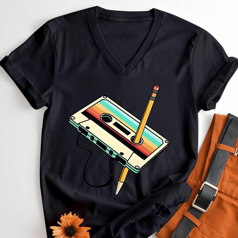 Vintage 80s Cassette Tape Pencil Print T Shirt Summer New Women Classics VNeck Tshirts Retro Throwback Music Lover Gift Tshirt