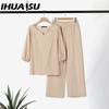 IHUASU Plus Size Women Casual Button Mid Sleeve Pocket Solid Colour Cotton V-Neck Top Pants Set
