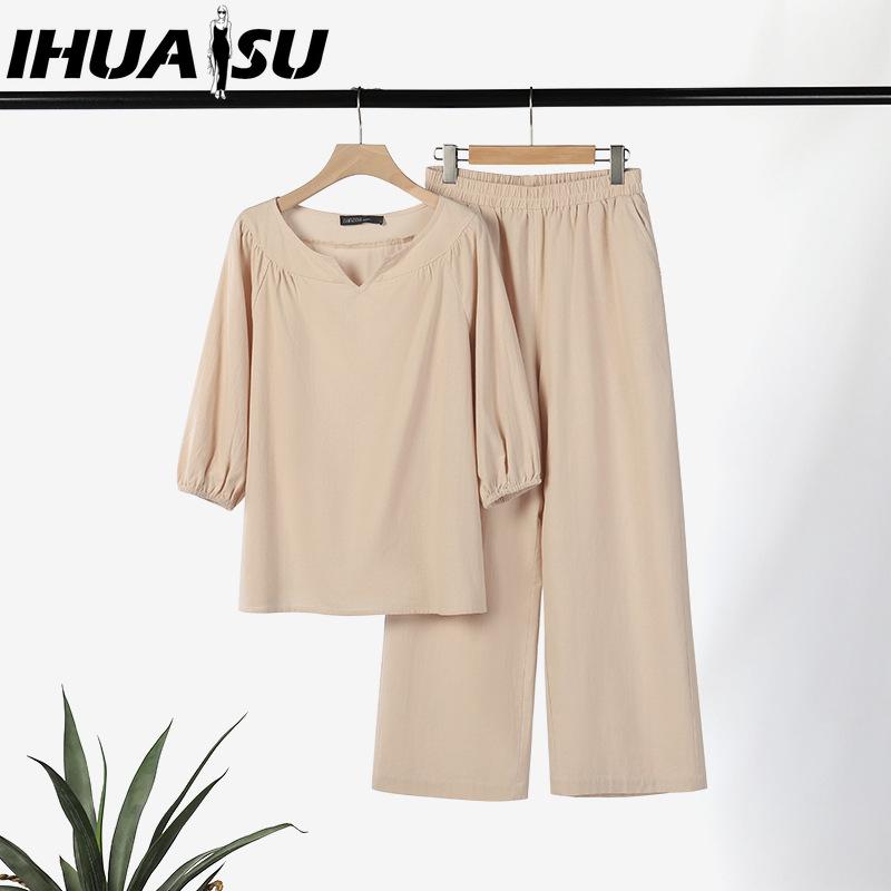 IHUASU Plus Size Women Casual Button Mid Sleeve Pocket Solid Colour Cotton V-Neck Top Pants Set