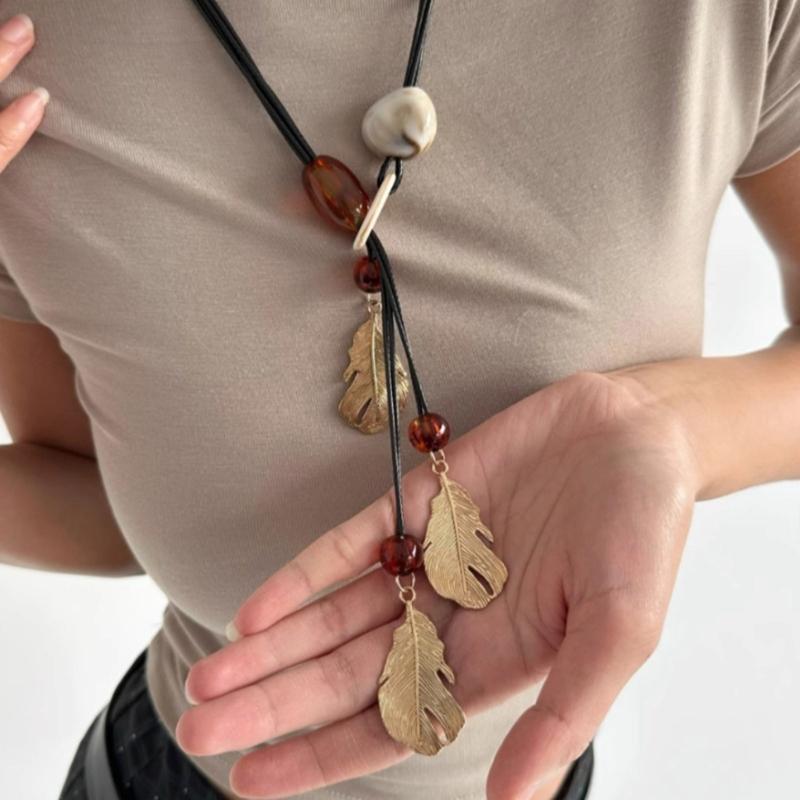 Long Bohemian Ceramic Bead Strand Necklace Ethnic Leaf Pendant Fringe Jewelry for Women Summer Statement Accessory