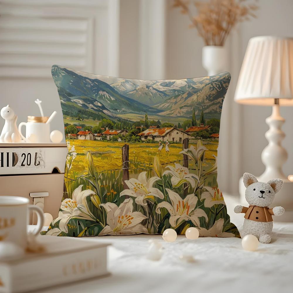 Landscape painting style Cushion Cover Antidustmite Pillowcase Invisible zipper silky short plush Sofa cushion cover