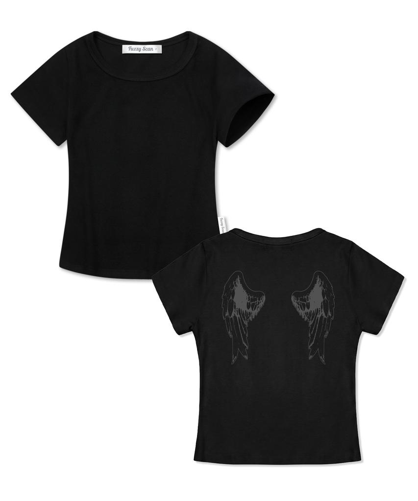 FUZZY SCAN Back Angel Slim Short Sleeve Tee Black