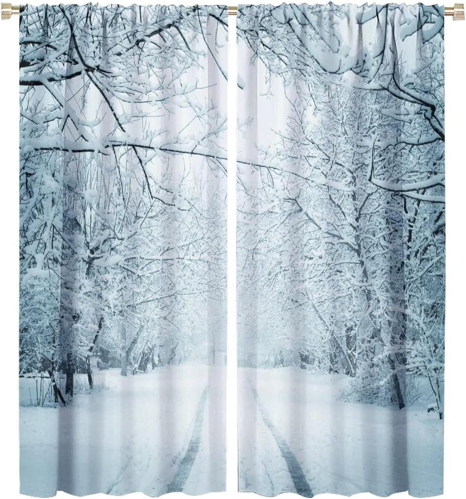 Winter Forest Curtain Natural Landscape Snow Covered Tree Window Curtains Living Room Bedroom Kitchen Office Cafe Blackout Polyester Ideal For Great