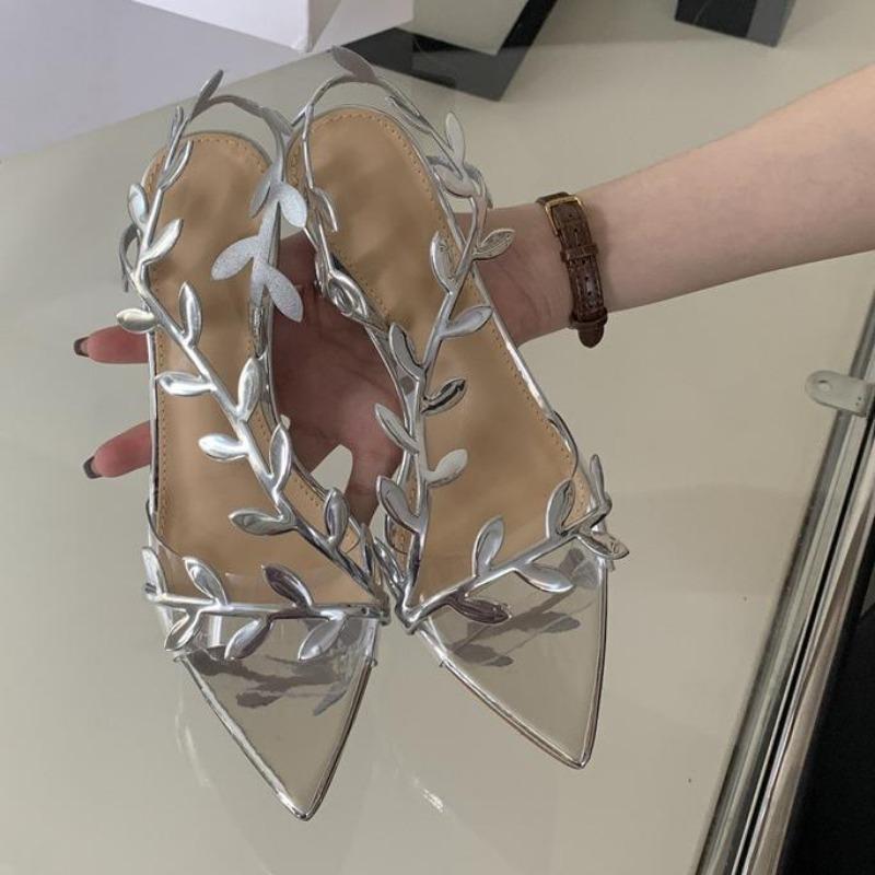 Fashion 2025 Summer Ladies High Heels Fashion Pointed Leaf Gold Silver High Heel Sandals Women Party Wedding Shoes Sandalias De Mujer