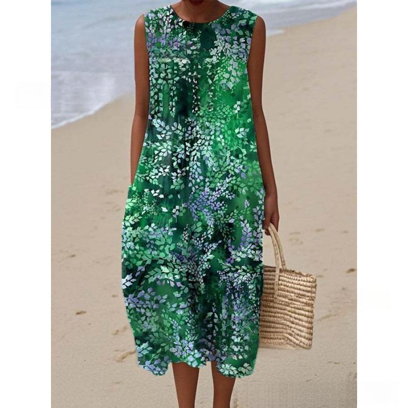European and American New Summer Flower Ocean Printing European Size Round Neck Sleeveless Long Dress Creative Loose Dress