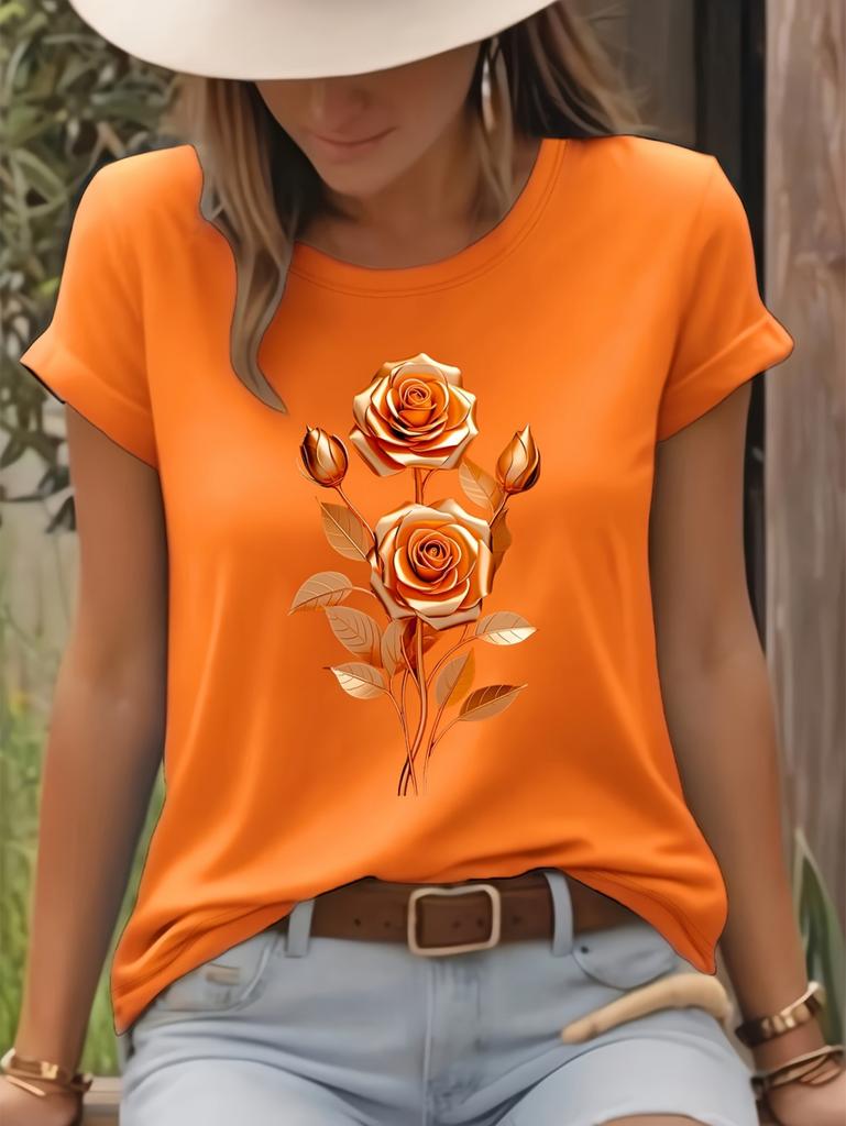 Fashion Women Rose Printed T-Shirt O-Neck Short Sleeve T-Shirt Simple Design Versatile Daily Wear Elegant Style Women Clothing